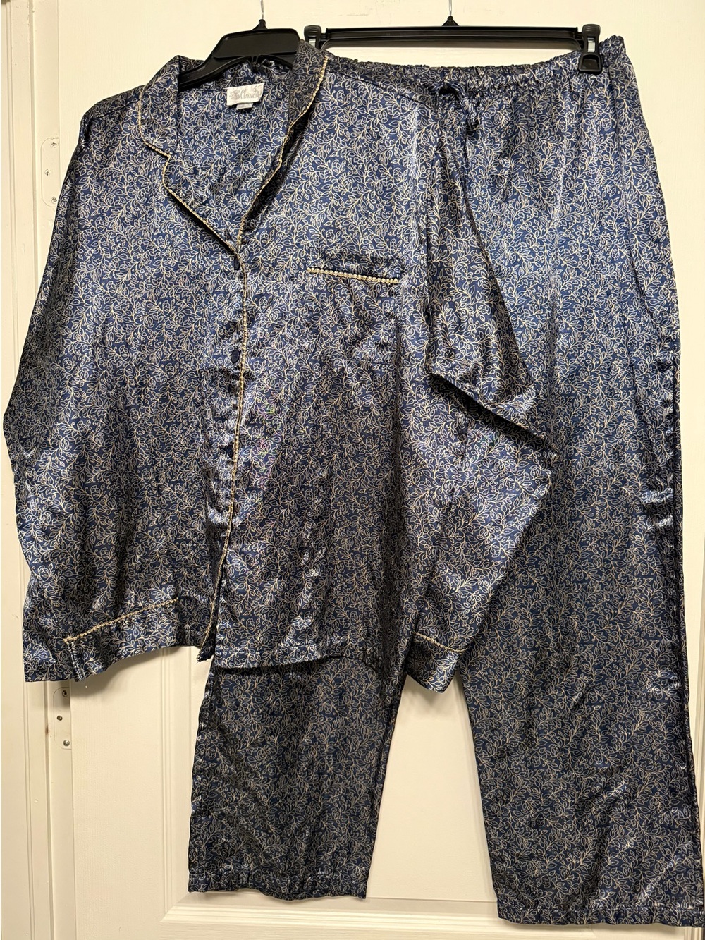 Vintage Character XL Blue Gold Satin Paisley Pajama Set Button Front Lounge